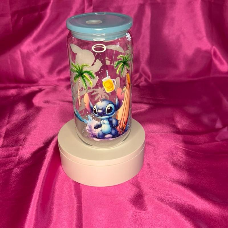 Beautiful Tumbler Displaying Stitches with blue Lid and Straw Perfect for Kids and Adults Plastic.