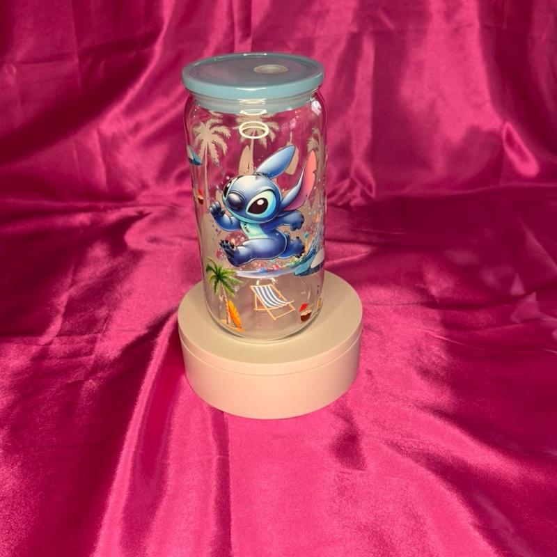 Beautiful Tumbler Displaying Stitches with blue Lid and Straw Perfect for Kids and Adults Plastic.
