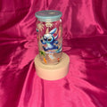 Beautiful Tumbler Displaying Stitches with blue Lid and Straw Perfect for Kids and Adults Plastic.