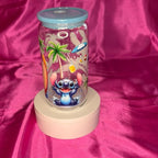 Beautiful Tumbler Displaying Stitches with blue Lid and Straw Perfect for Kids and Adults Plastic.